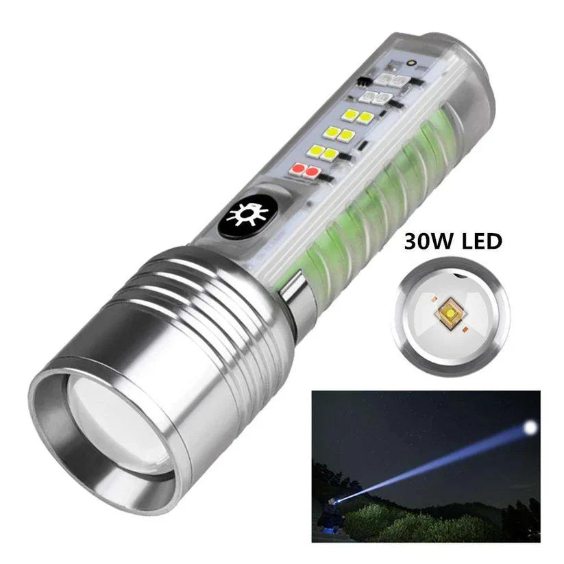 Helius Long Range 30W LED White Zoom Transparent Fluorescent Flashlight